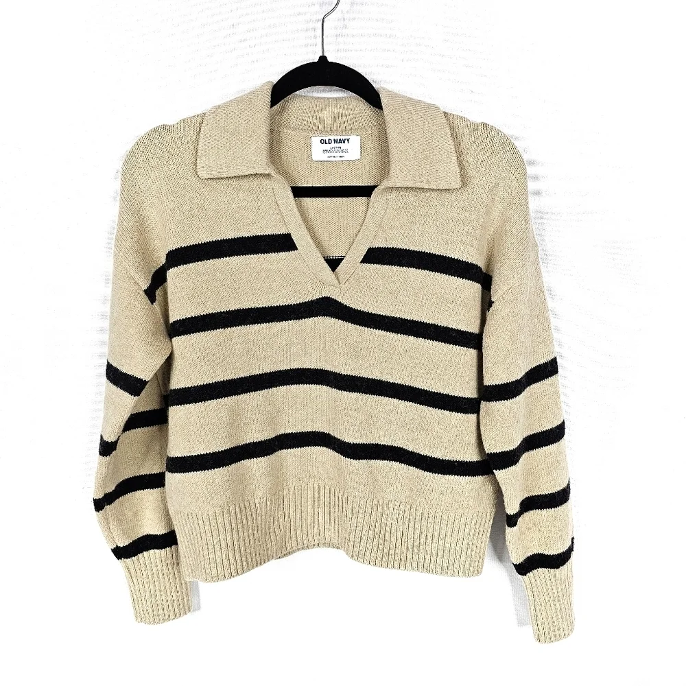 Old Navy Striped V-Neck Sweater - Tan and Black